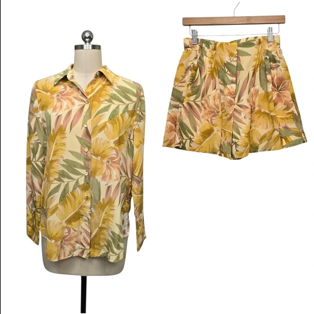 COS Women Yellow Tropical Floral Print Shirt and Shorts Matching Set Size 4